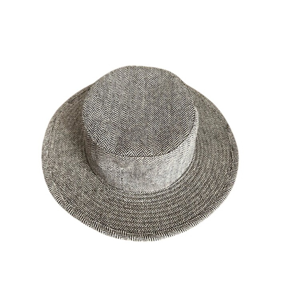 Herringbone Wool Blend Boater Hat‎ Brown White Plaid Lined Flat Crown 57cm